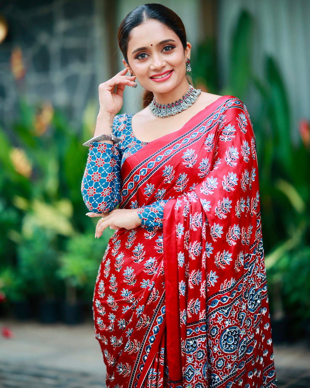Scarlet Red Pure Modal Silk Saree with Ajrakh Inspired Floral Print & Traditional Heritage Pallu