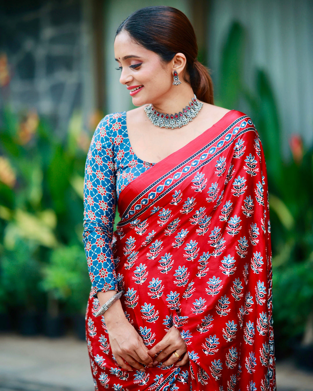 Scarlet Red Pure Modal Silk Saree with Ajrakh Inspired Floral Print & Traditional Heritage Pallu