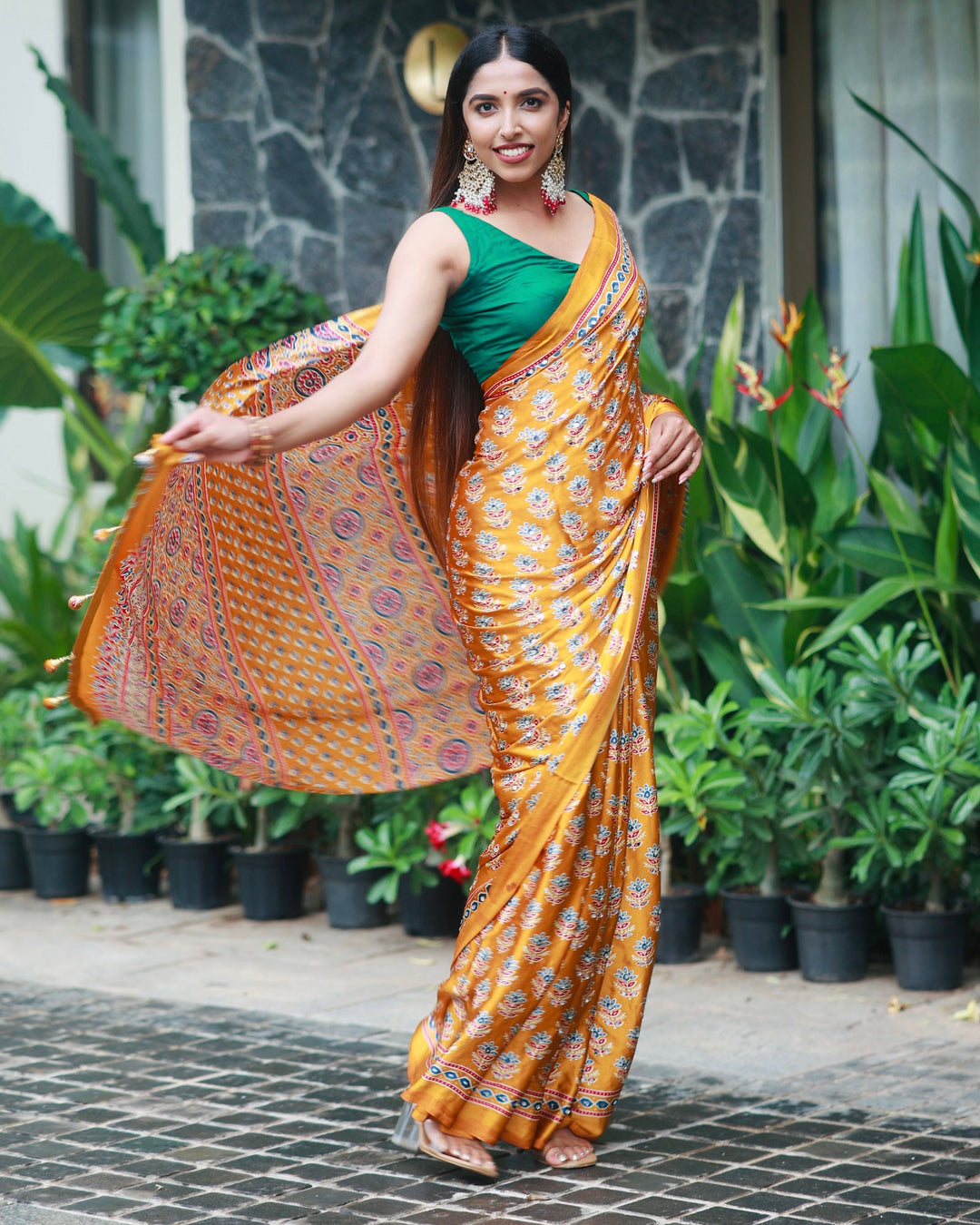 Mustard Gold Pure Modal Silk Saree with Ajrakh Inspired Floral Print & Heritage Designer Pallu
