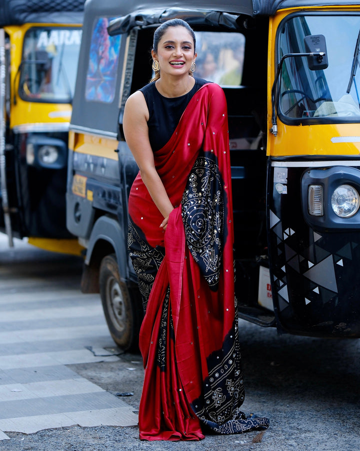 Women’s Ruby Red Pure Modal Silk Saree with Black Folk Art Border & Traditional Tribal Print Designer Pallu