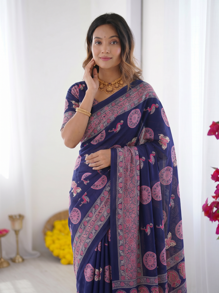 Navy Blue Modal Silk Saree with Paisley & Circular Motif Print | Designer Heritage Pallu Saree for Festive Wear