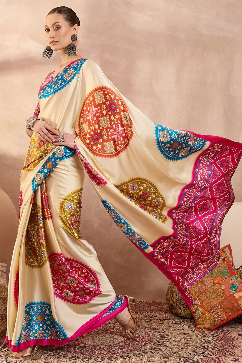 Cream Modal Silk Saree with Multicolor Patola-Inspired Print & Rani Pink Border | Designer Festive Wear Saree