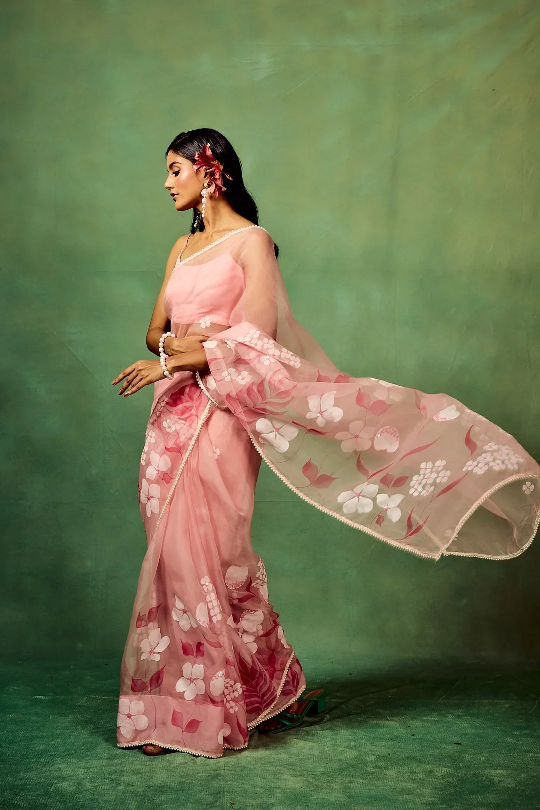 Rose Pink Pure Organza Saree with Hand-Painted Multi-Floral Motifs & Sequin Highlights | Satin Blouse