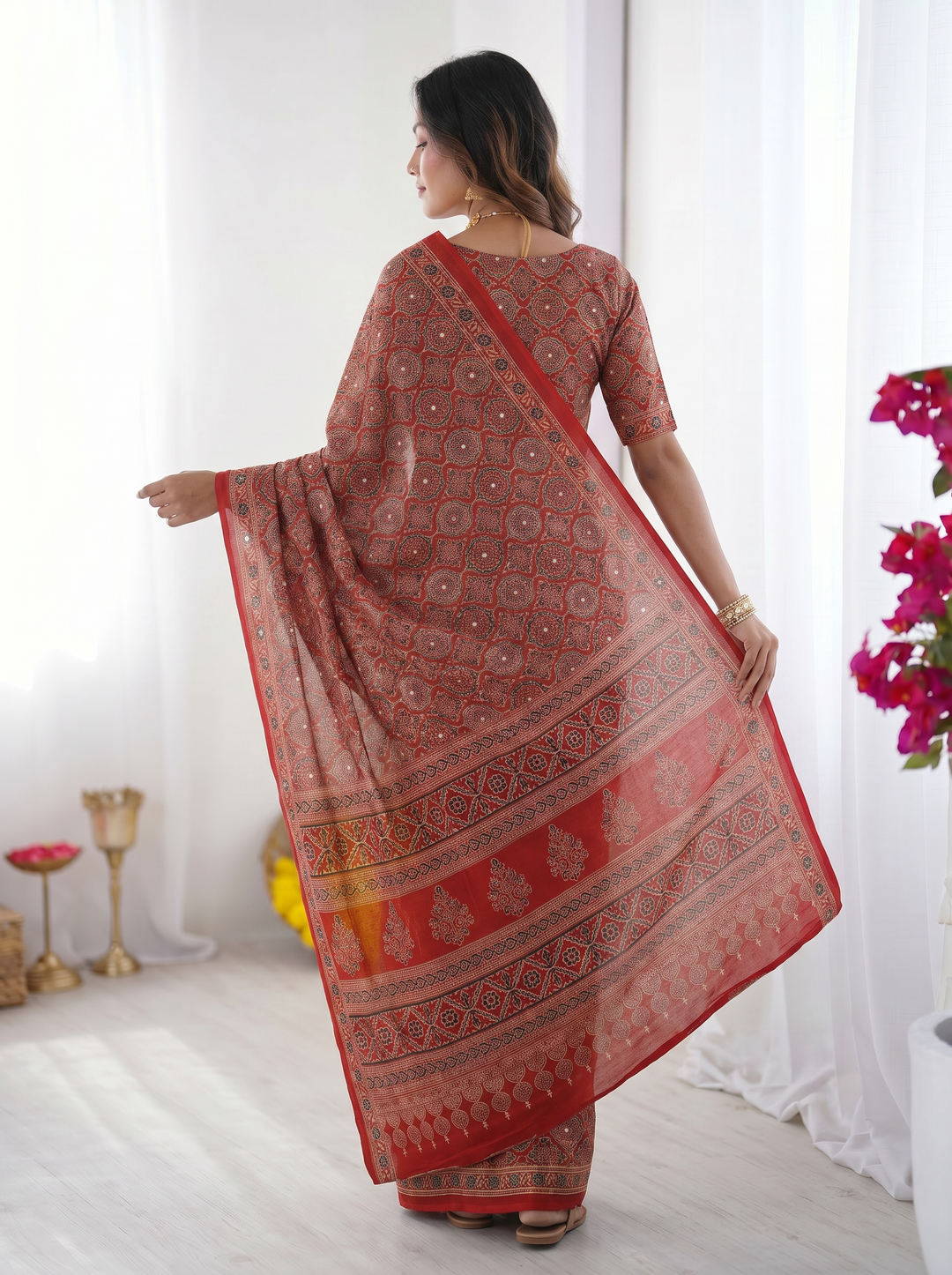 Rustic Brick Red Modal Silk Saree with Heritage Geometric Motifs, Traditional Designer Border & Artistic Pallu