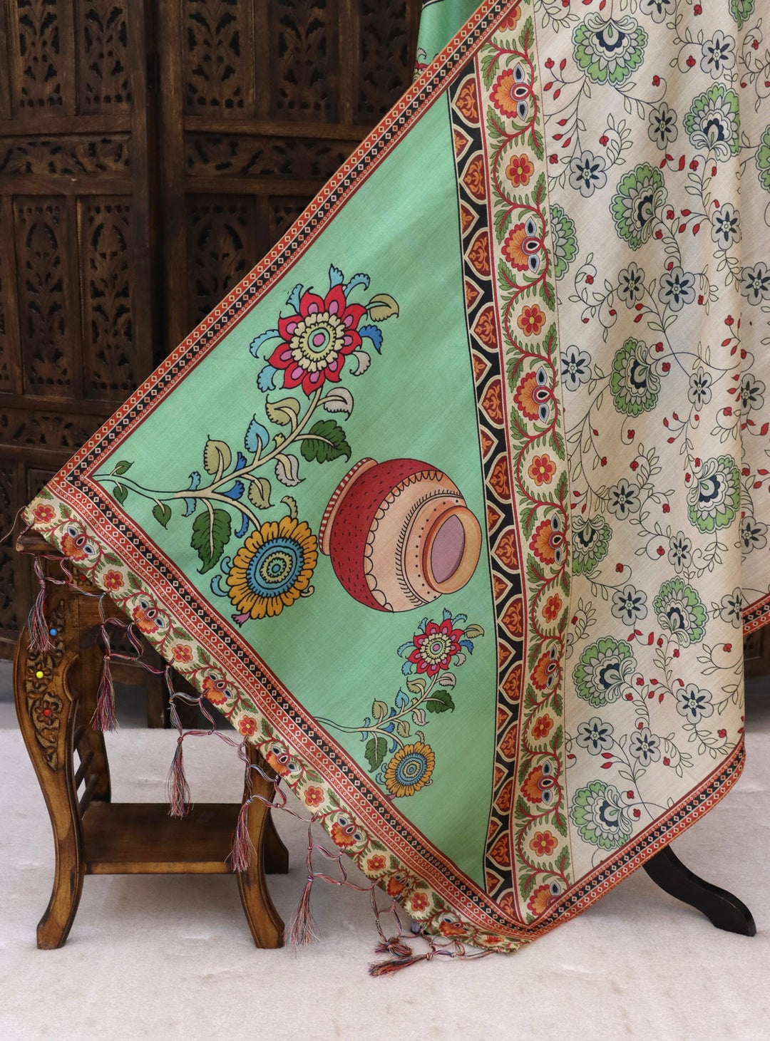 Ivory Cream & Mint Green Floral Printed Malai Silk Dupatta with Folk Border & Tassel Detailing