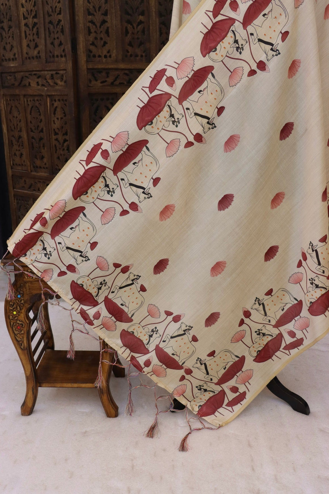 Cream & Maroon Cow Motif Printed Malai Silk Dupatta with Folk Border & Tassel Detailing
