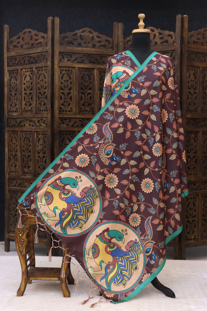 Wine Brown Malai Silk Dupatta with Peacock Mandala Print, Floral Vine Design & Tassel Detailing