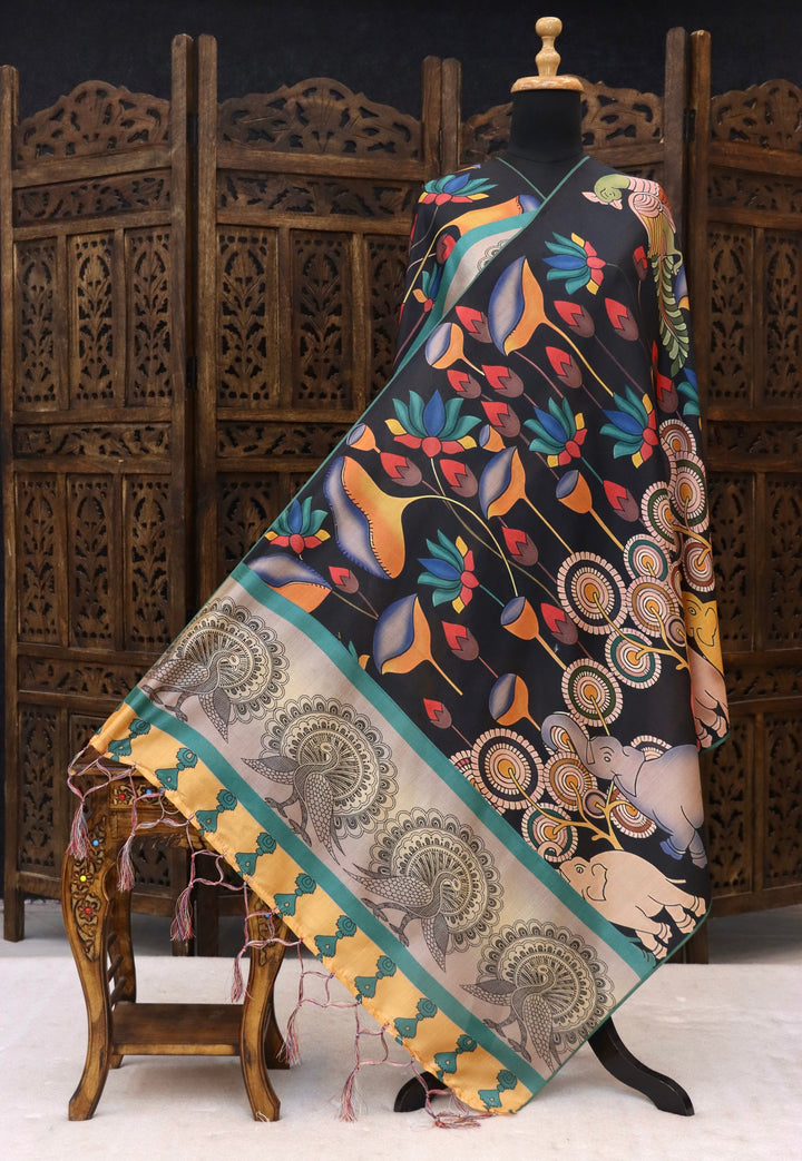 Charcoal Black Malai Silk Dupatta with Peacock, Elephant & Floral Folk Print and Contrast Border with Tassels