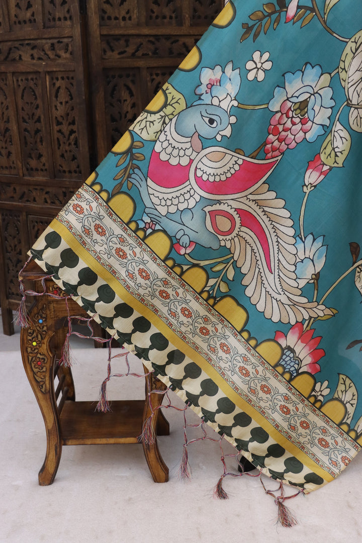 Teal Blue Malai Silk Dupatta with Peacock & Floral Print, Decorative Border and Tassel Detailing