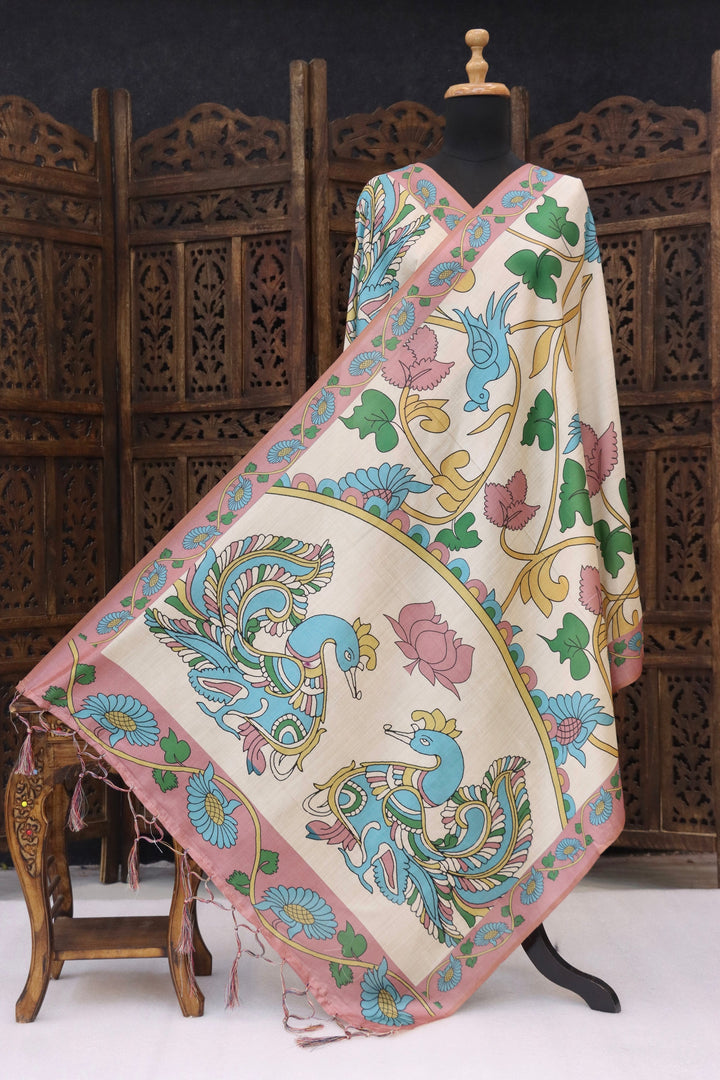 Ivory & Pastel Pink Malai Silk Dupatta with Peacock Motif Panel, Floral Vine Print & Contrast Border with Tassels