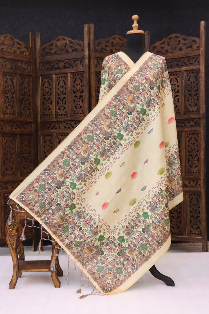 Sage Green & Ivory Malai Silk Dupatta with Paisley Floral Print, Peacock Motif Panel & Contrast Border with Tassels