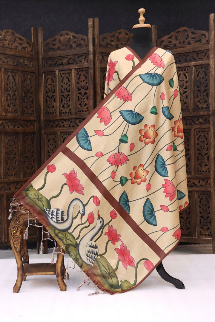 Beige Malai Silk Dupatta with Swan & Lotus Border, Floral Flow Print & Tassel Detailing