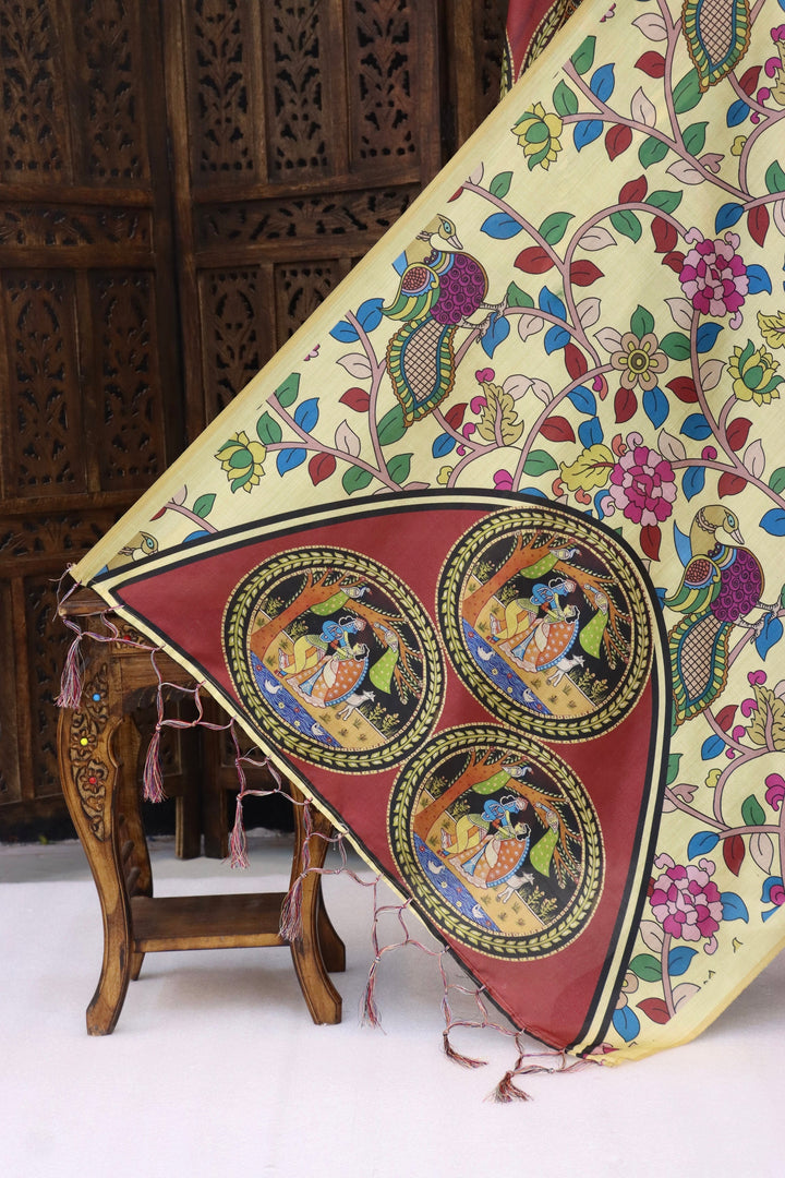 Lemon Yellow Malai Silk Dupatta with Peacock Vine Print & Circular Folk Art Pallu
