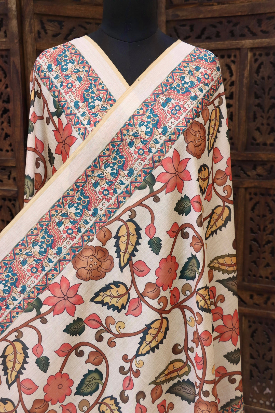 Ivory Malai Silk Dupatta with Blue Floral Jaal & Multicolor Folk Medallion Border