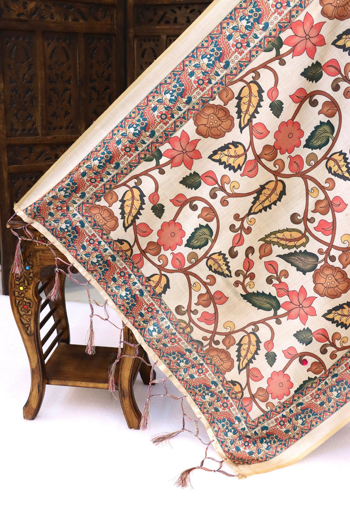 Ivory Malai Silk Dupatta with Blue Floral Jaal & Multicolor Folk Medallion Border