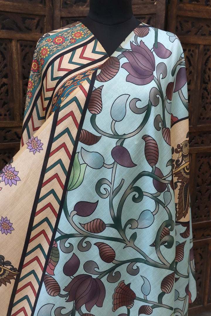 Mint Blue Malai Silk Dupatta with Floral Vines, Chevron Borders & Kalamkari Owl Motifs – Elegant Ethnic Statement Piece