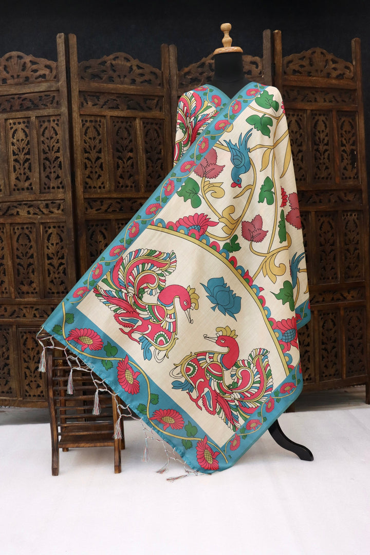 Ivory Malai Silk Dupatta with Turquoise Border & Twin Bird Kalamkari Motifs – Handcrafted Floral Ethnic Elegance