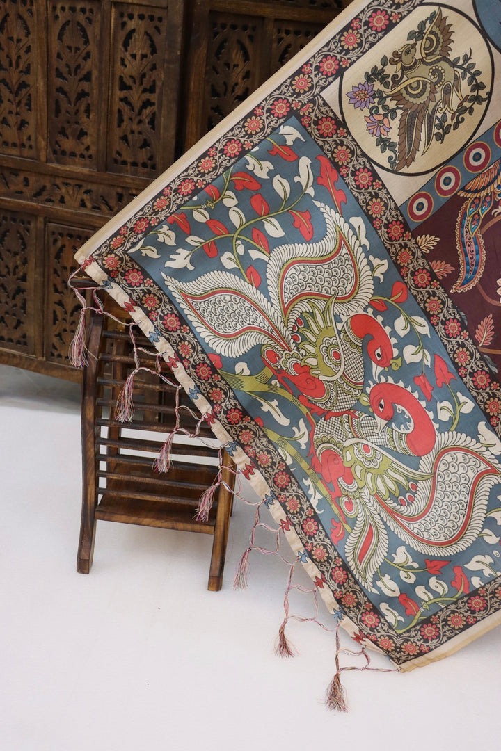 Maroon & Slate Blue Malai Silk Dupatta with Peacock Medallions & Floral Folk Print – Elegant Handcrafted Style Dupatta