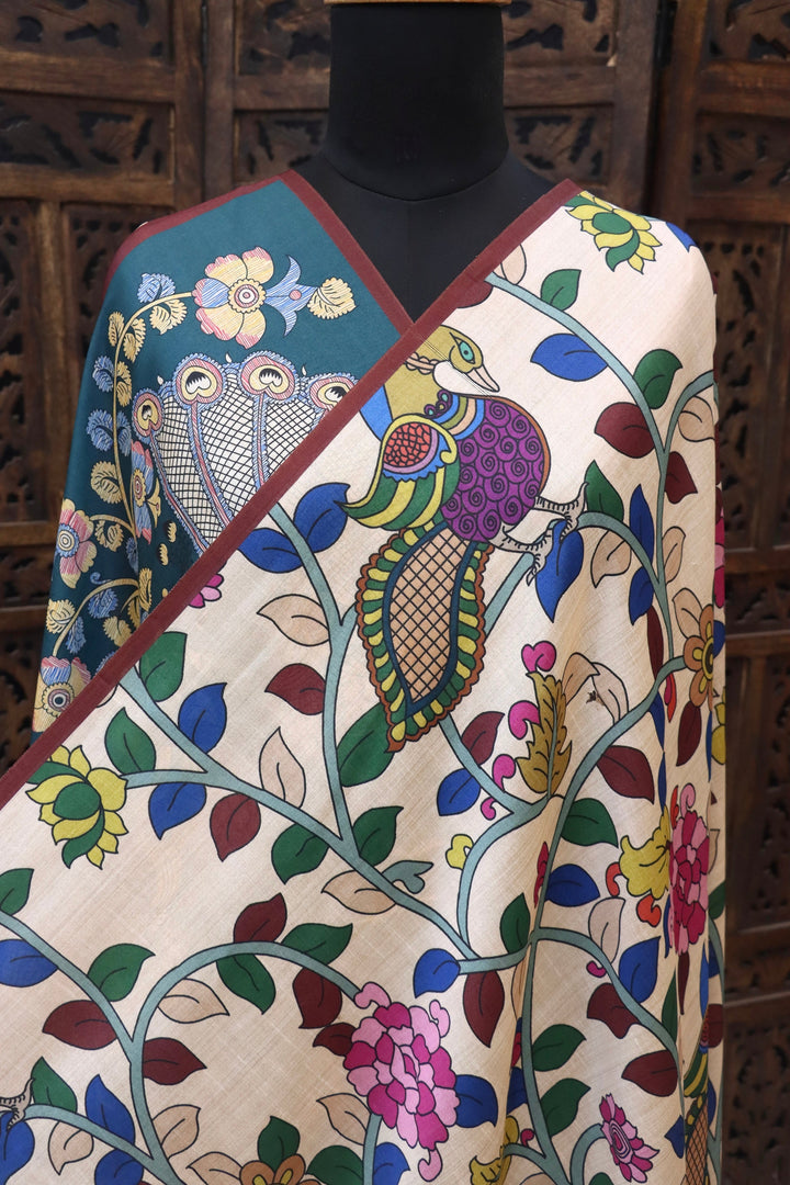 Ivory & Teal Malai Silk Dupatta with Peacock & Floral Kalamkari-Inspired Print – Designer Ethnic Dupatta with Tassels