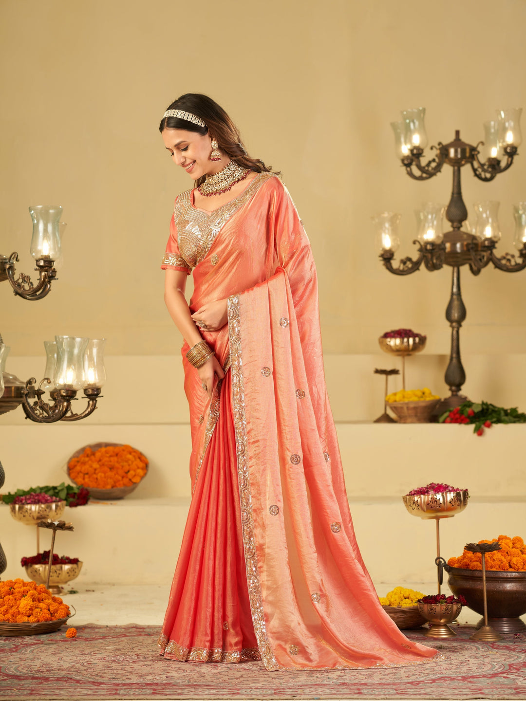 Peach Dual Tone Designer Fendy Satin Saree with Heavy Embroidered Blouse & Sequin Border | Premium Wedding Party Wear Saree