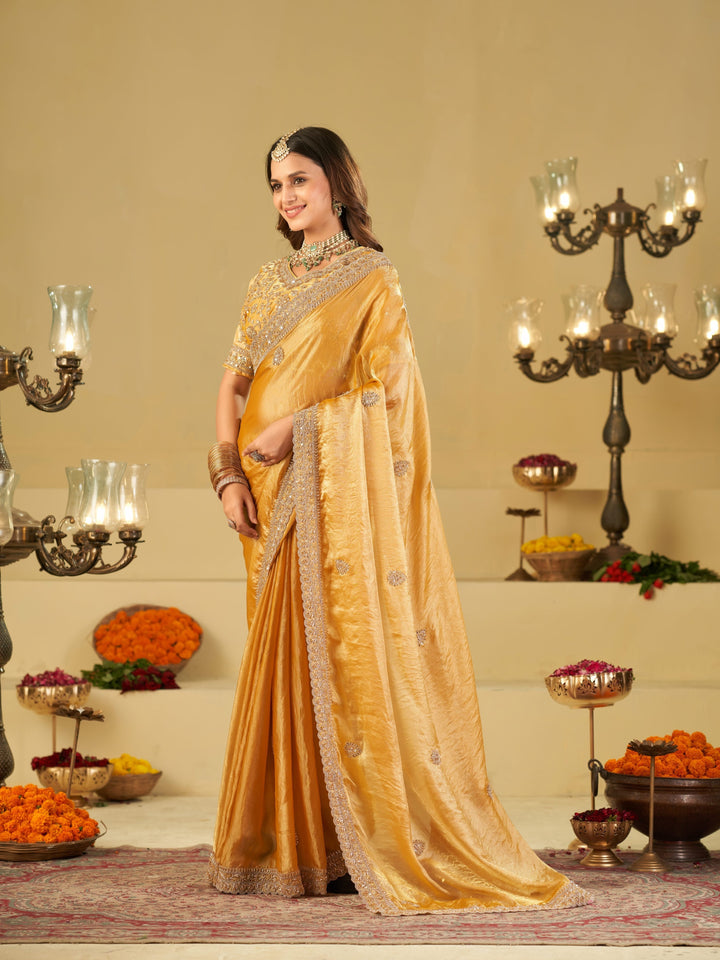 Mustard Yellow Designer Fendy Satin Saree with Heavy Embroidered Blouse & Sequin Border | Premium Festive Wedding Wear Saree