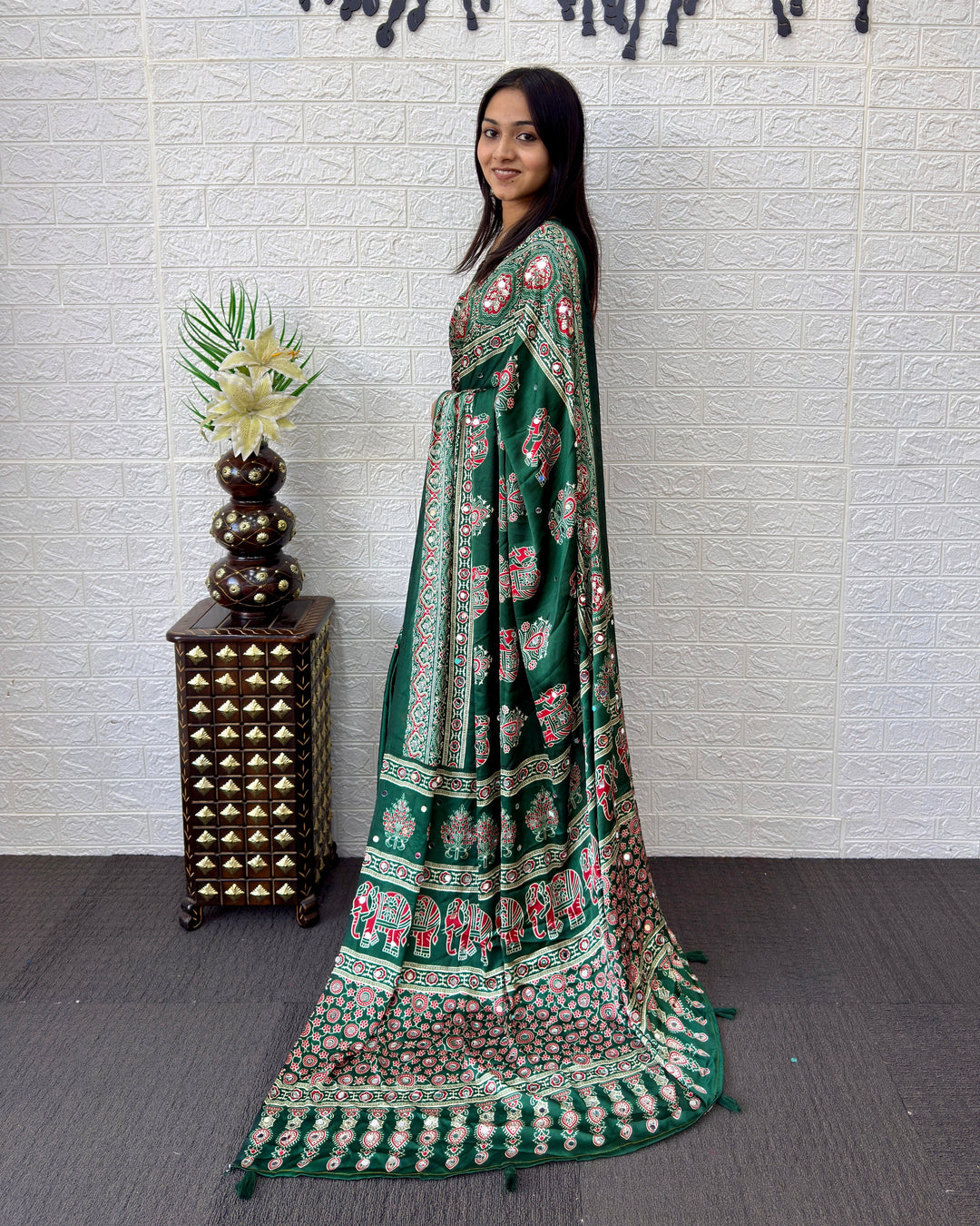 Forest Green Modal Silk Saree with Elephant Motif Ajrakh Print & Designer Heritage Pallu | Traditional Festive Wear Saree