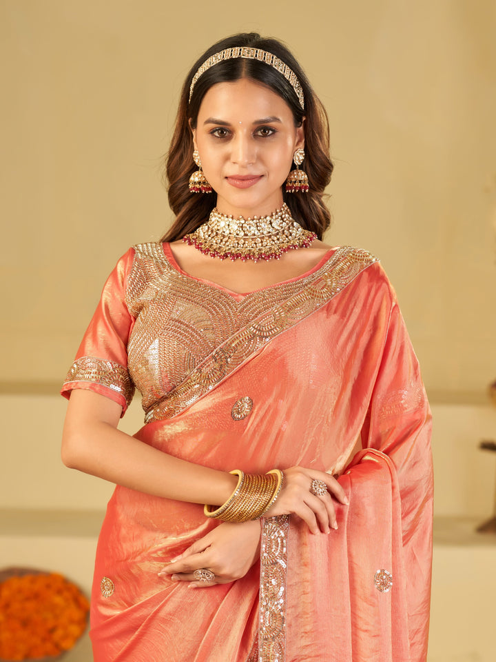 Peach Dual Tone Designer Fendy Satin Saree with Heavy Embroidered Blouse & Sequin Border | Premium Wedding Party Wear Saree