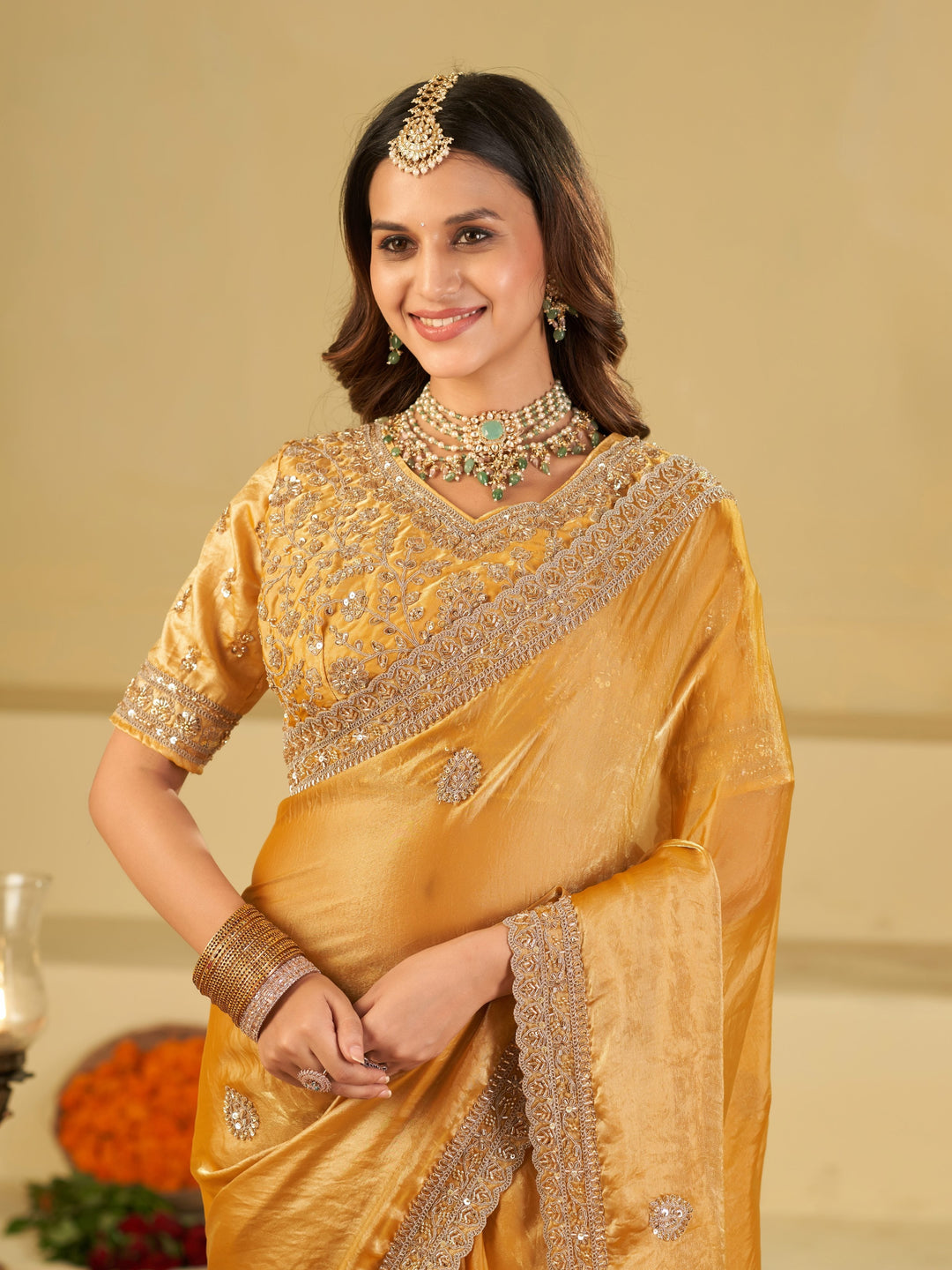 Mustard Yellow Designer Fendy Satin Saree with Heavy Embroidered Blouse & Sequin Border | Premium Festive Wedding Wear Saree