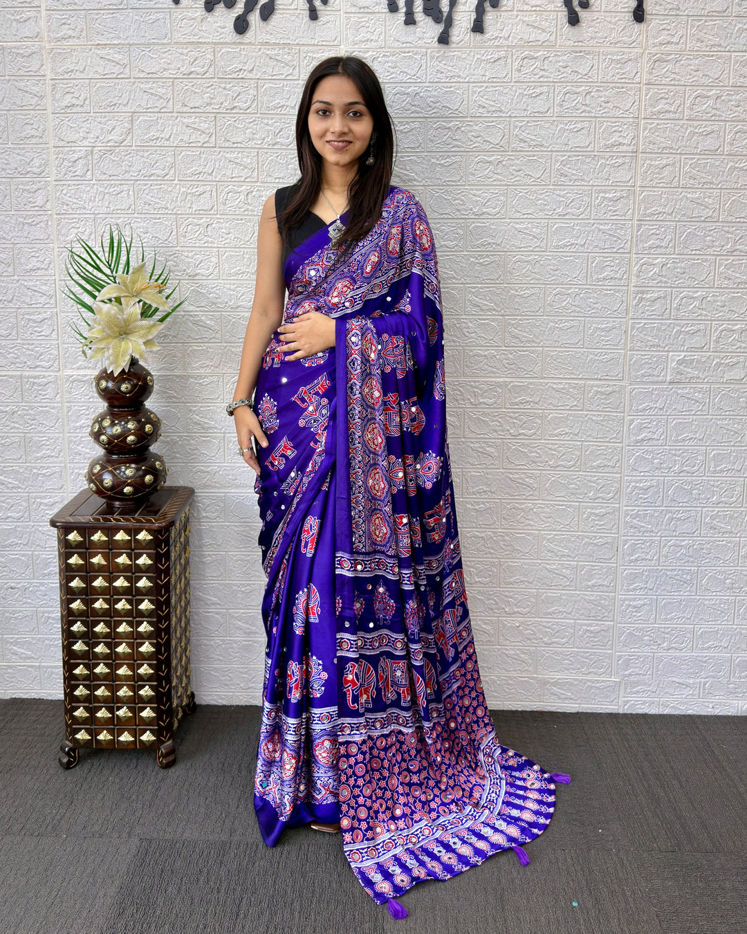 Royal Purple Modal Silk Ajrakh Print Saree with Elephant Motifs, Designer Pallu & Tassels | Festive & Ethnic Wear Saree