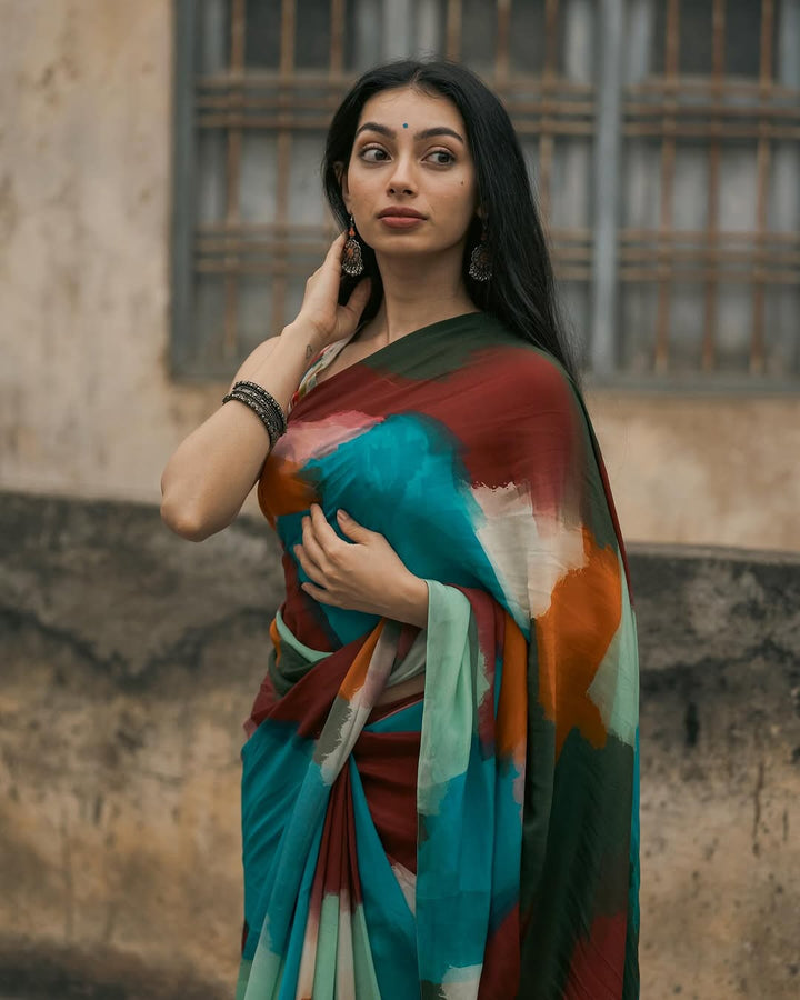 Boho Abstract Multicolor Georgette Saree with Artistic Brushstroke Print & Blouse Fabric