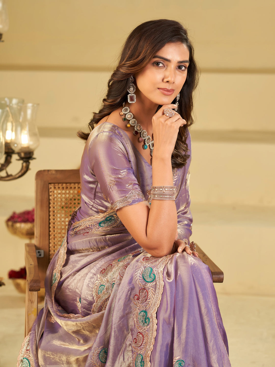 Lavender Designer Fendy Satin Saree with Multicolor Paisley Embroidery & Scalloped Embroidered Border | Elegant Festive Party Wear Saree