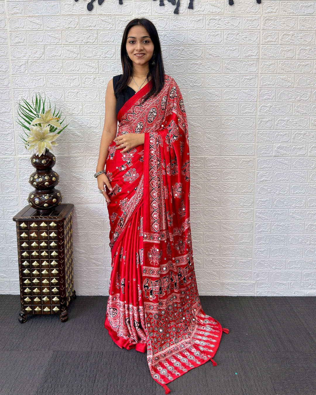 Rust Red Modal Silk Saree with Elephant Motif Ajrakh Print & Designer Pallu | Traditional Ethnic Festive Wear Saree