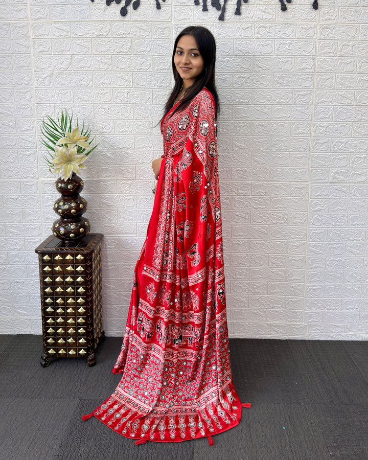 Rust Red Modal Silk Saree with Elephant Motif Ajrakh Print & Designer Pallu | Traditional Ethnic Festive Wear Saree
