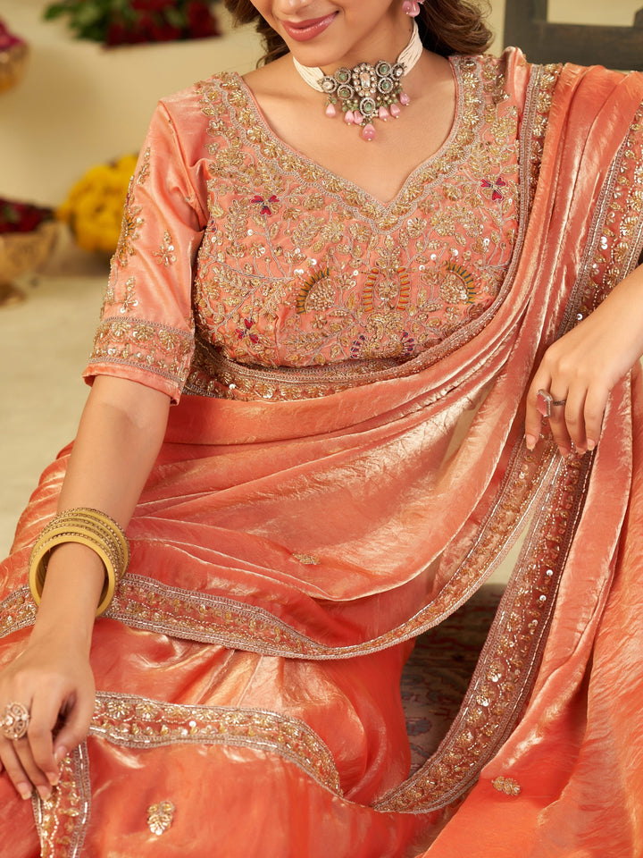 Peach Designer Fendy Satin Saree with Heavy Embroidered Blouse & Stone Work Border | Premium Wedding Party Wear Saree