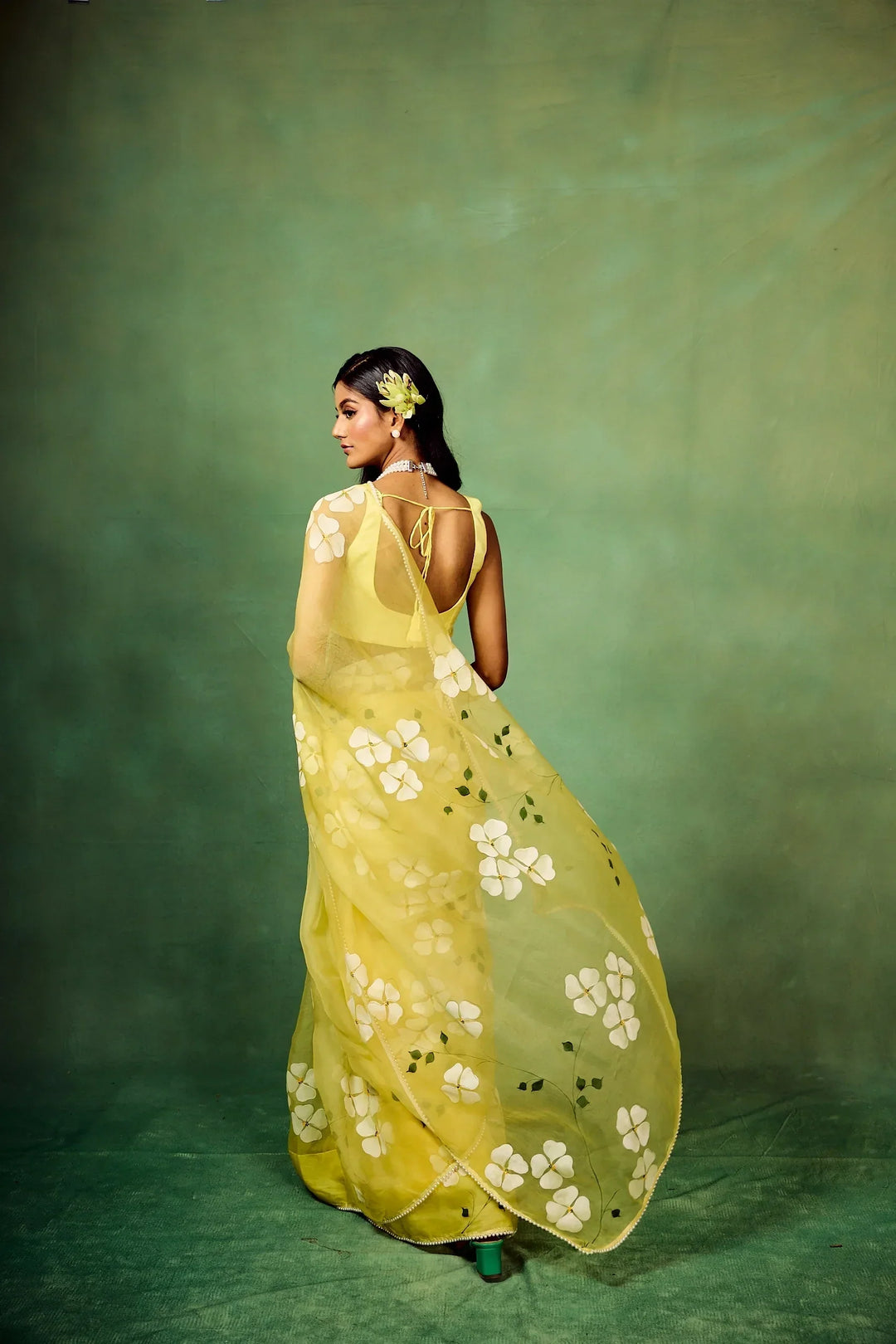 Lemon Yellow Pure Organza Saree with Hand-Painted White Floral Motifs & Sequin Detailing | Modal Satin Blouse