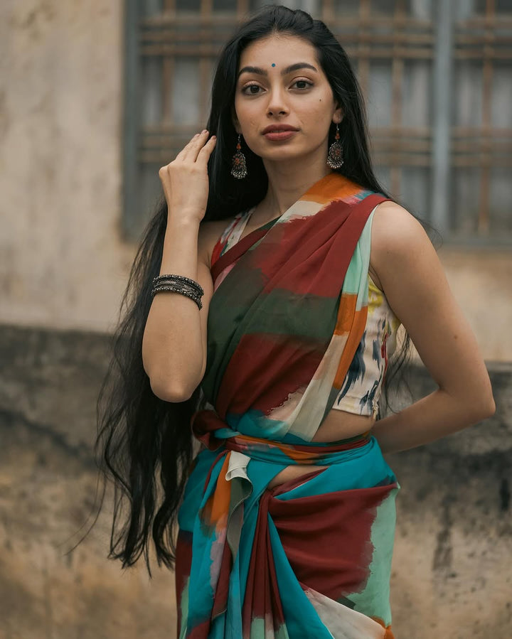 Boho Abstract Multicolor Georgette Saree with Artistic Brushstroke Print & Blouse Fabric