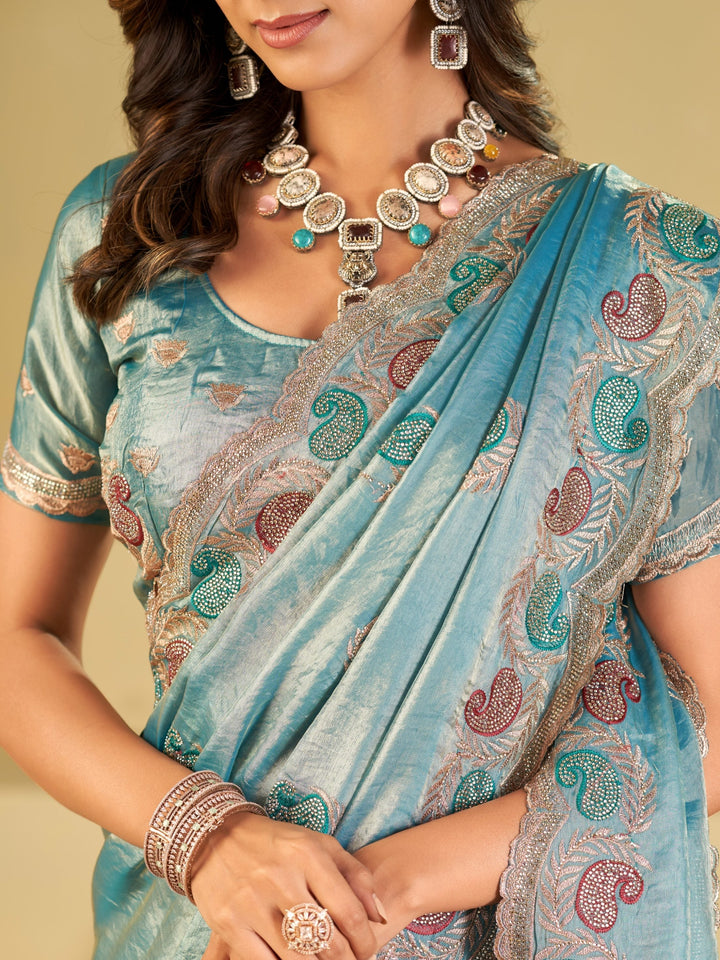 Sky Blue Designer Fendy Satin Saree with Paisley Embroidery & Heavy Embroidered Border | Premium Festive Party Wear Saree