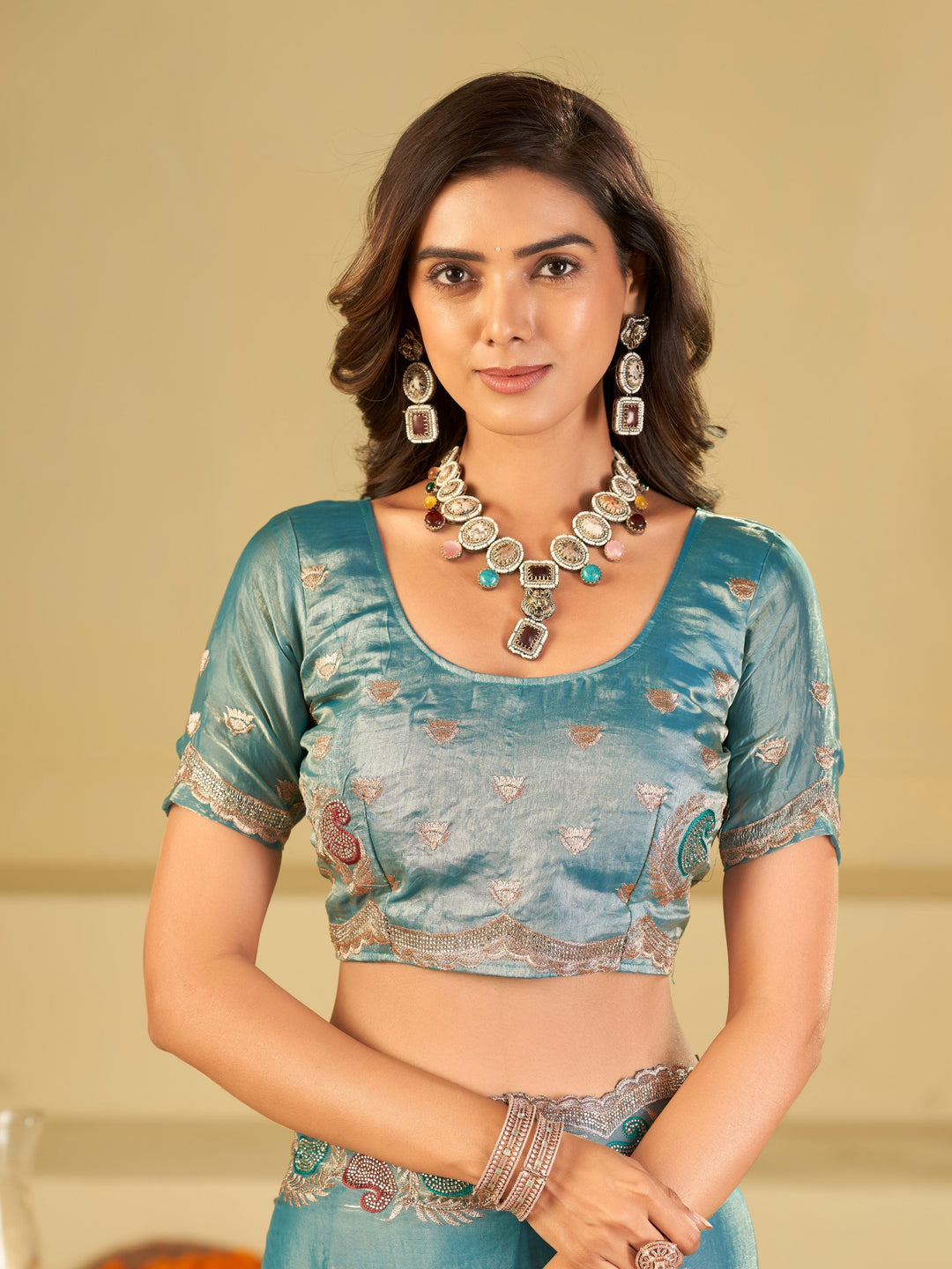 Sky Blue Designer Fendy Satin Saree with Paisley Embroidery & Heavy Embroidered Border | Premium Festive Party Wear Saree