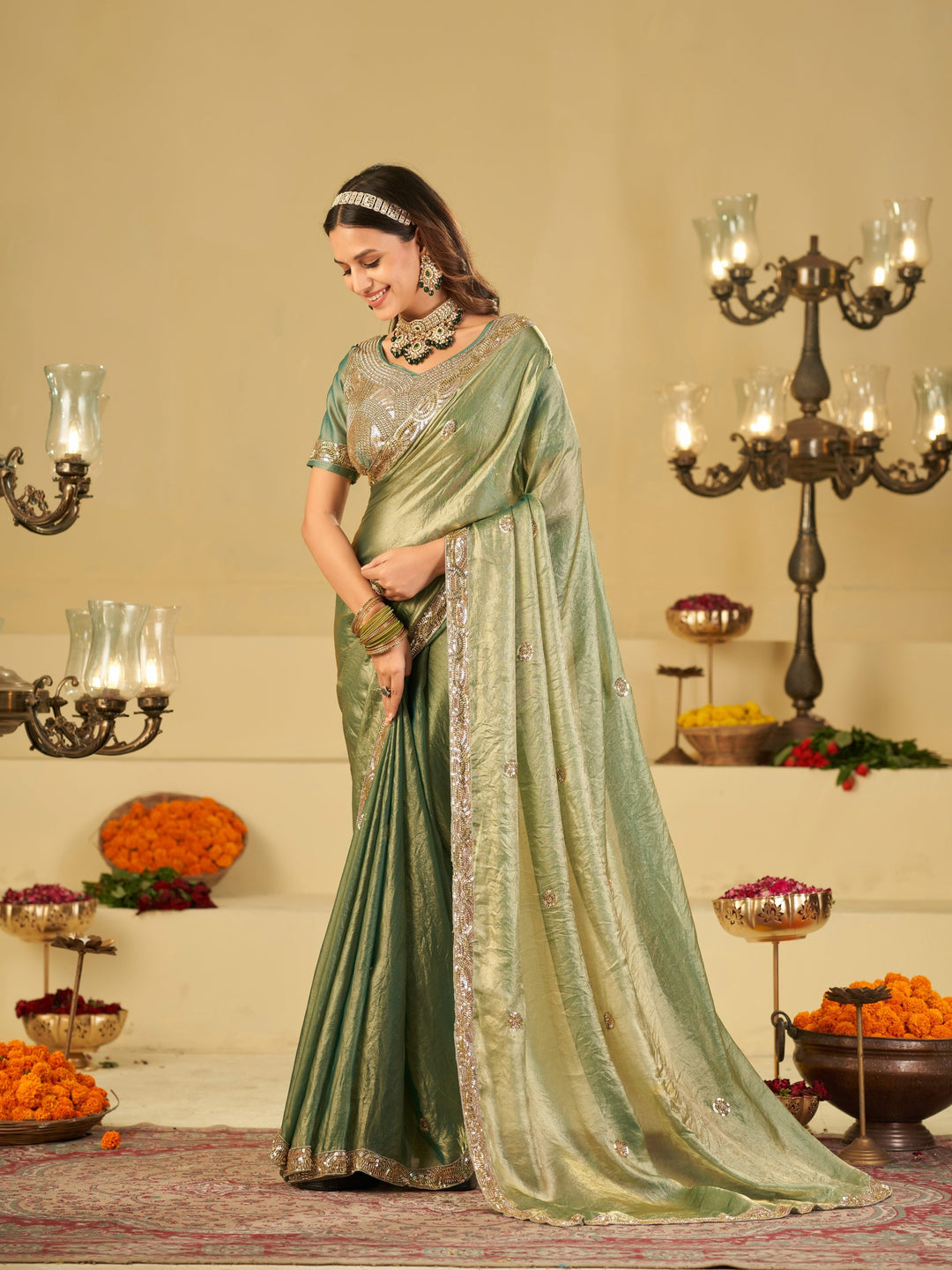 Sage Green Dual Tone Designer Fendy Satin Saree with Heavy Embroidered Blouse & Sequin Border | Premium Wedding Party Wear Saree