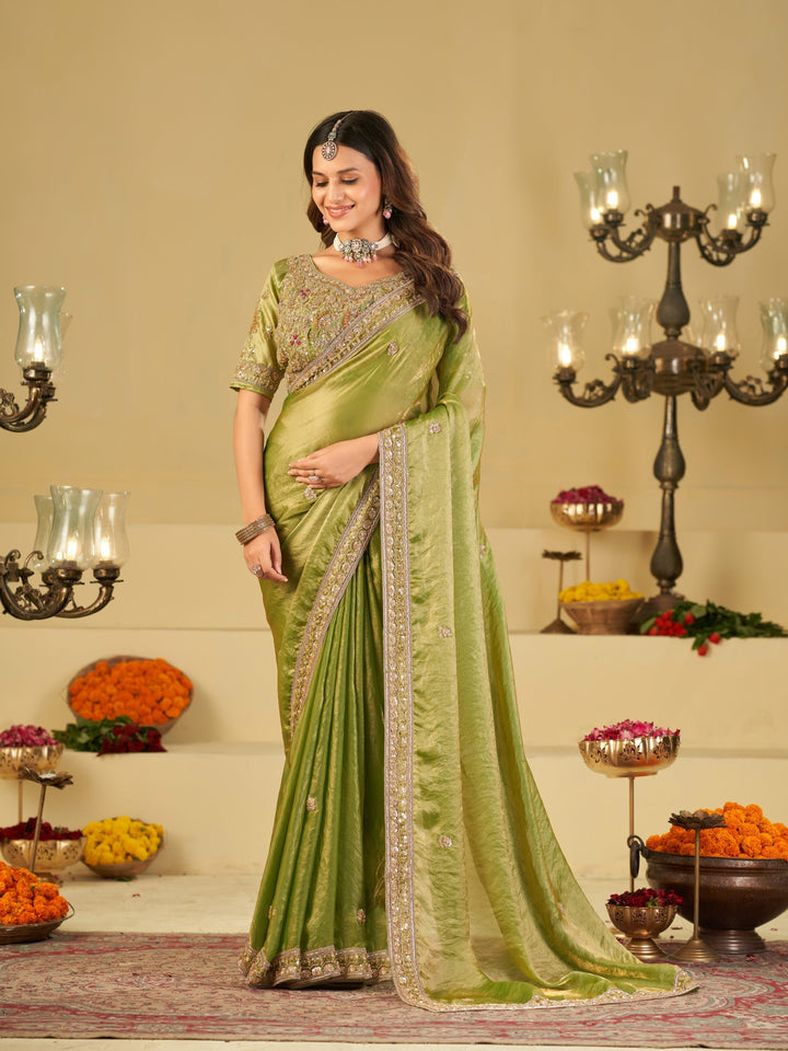Pista Green Designer Fendy Satin Saree with Heavy Embroidered Blouse & Zari Border | Premium Wedding Party Wear Saree