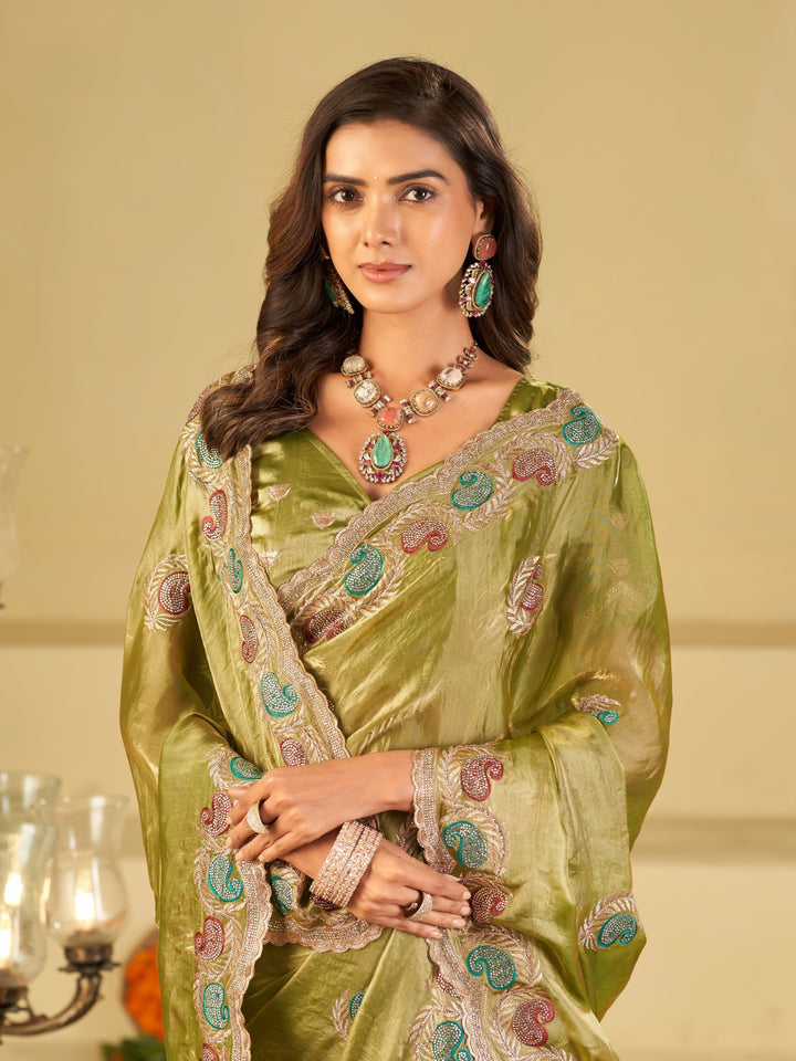 Olive Green Designer Fendy Satin Saree with Multicolor Paisley Embroidery & Scalloped Embroidered Border | Elegant Festive Party Wear Saree