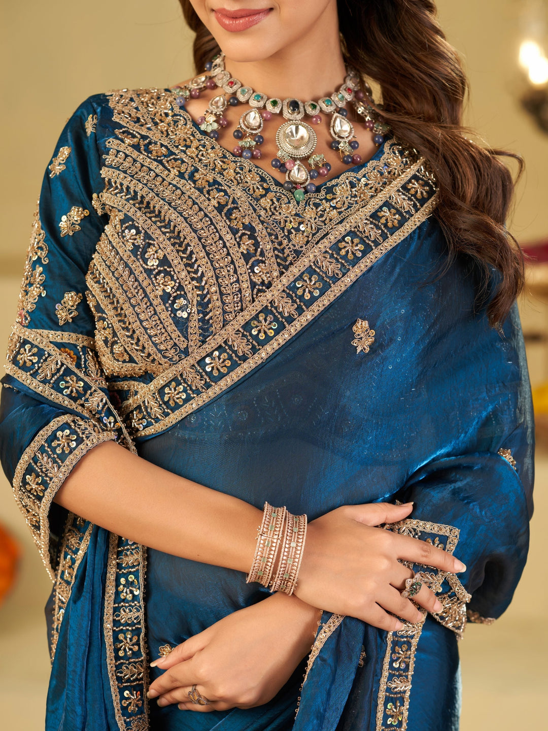 Royal Blue Designer Fendy Satin Saree with Heavy Embroidered Blouse & Zari Border | Premium Wedding & Festive Wear Saree