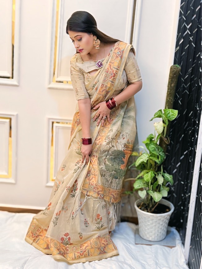 Beige Floral Print Tissue zari Saree with Traditional Village Artwork – Elegant Ethnic Wear for Women