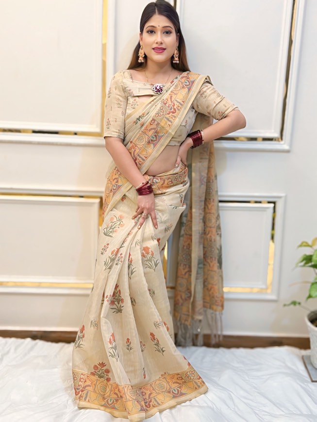 Beige Floral Print Tissue zari Saree with Traditional Village Artwork – Elegant Ethnic Wear for Women