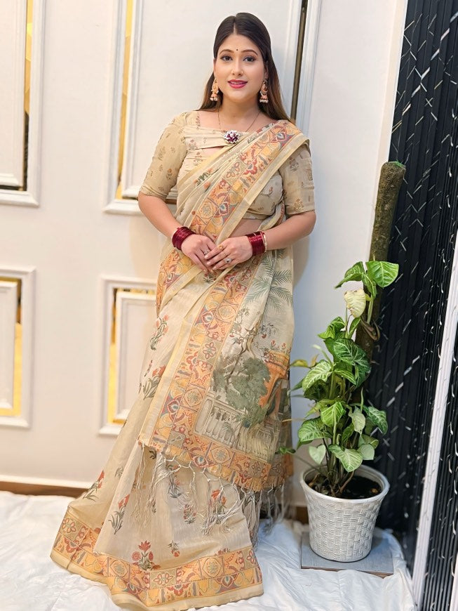 Beige Floral Print Tissue zari Saree with Traditional Village Artwork – Elegant Ethnic Wear for Women