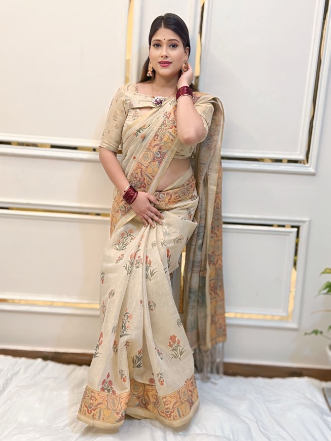 Beige Floral Print Tissue zari Saree with Traditional Village Artwork – Elegant Ethnic Wear for Women