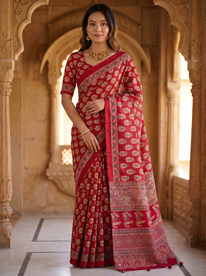 Royal Crimson Red Pure Modal Silk Saree with Heritage Floral Buti Print & Traditional Designer Pallu