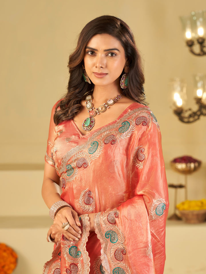 Peach Pink Designer Fendy Satin Saree with Multicolor Paisley Embroidery & Scalloped Embroidered Border | Premium Festive Party Wear Saree