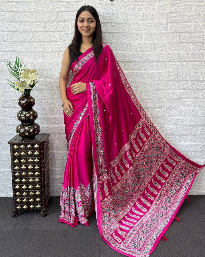 Rani Pink Modal Silk Saree with Heritage Paisley Pallu, Intricate Ethnic Border & Designer Traditional Print