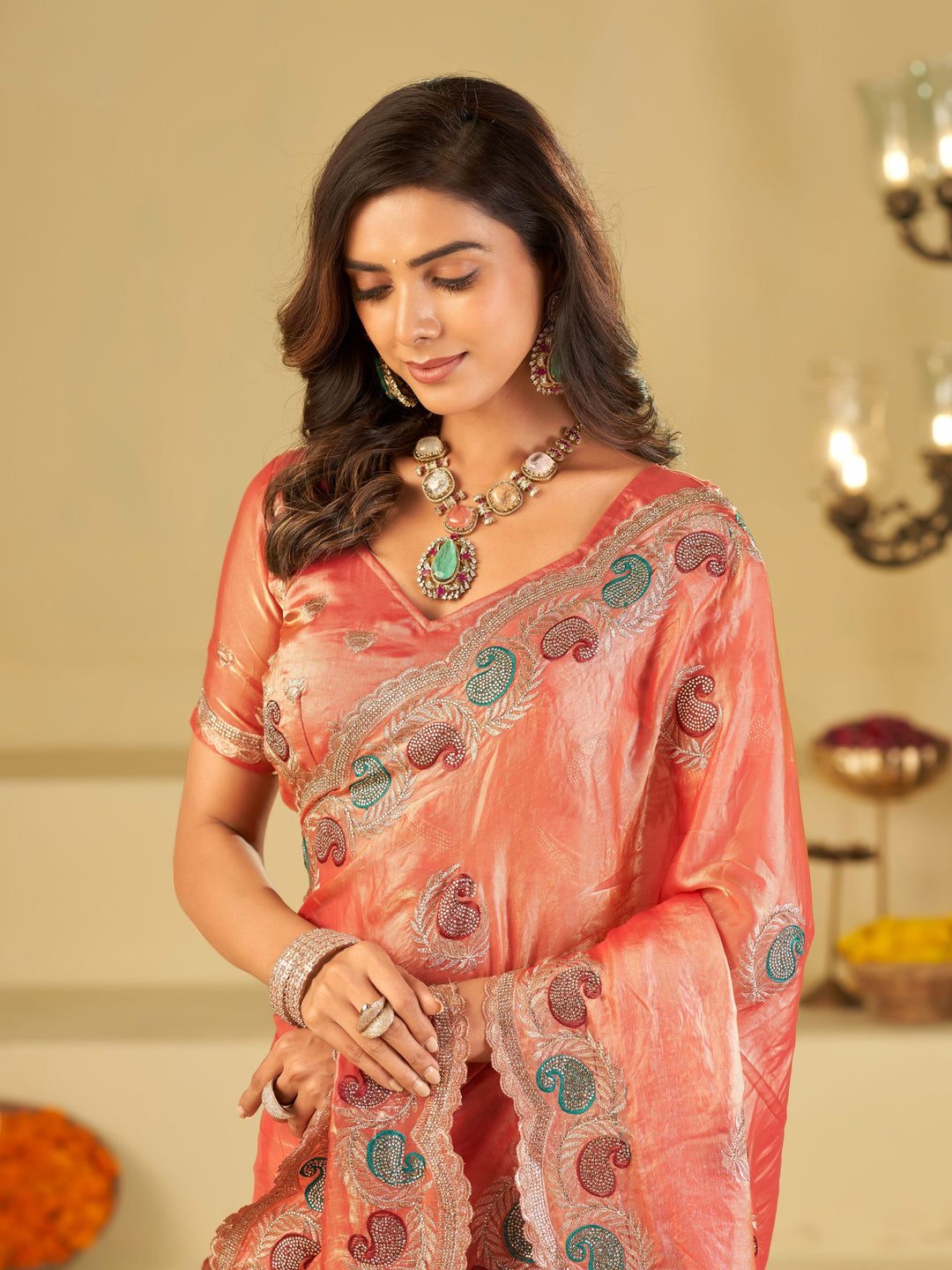 Peach Pink Designer Fendy Satin Saree with Multicolor Paisley Embroidery & Scalloped Embroidered Border | Premium Festive Party Wear Saree
